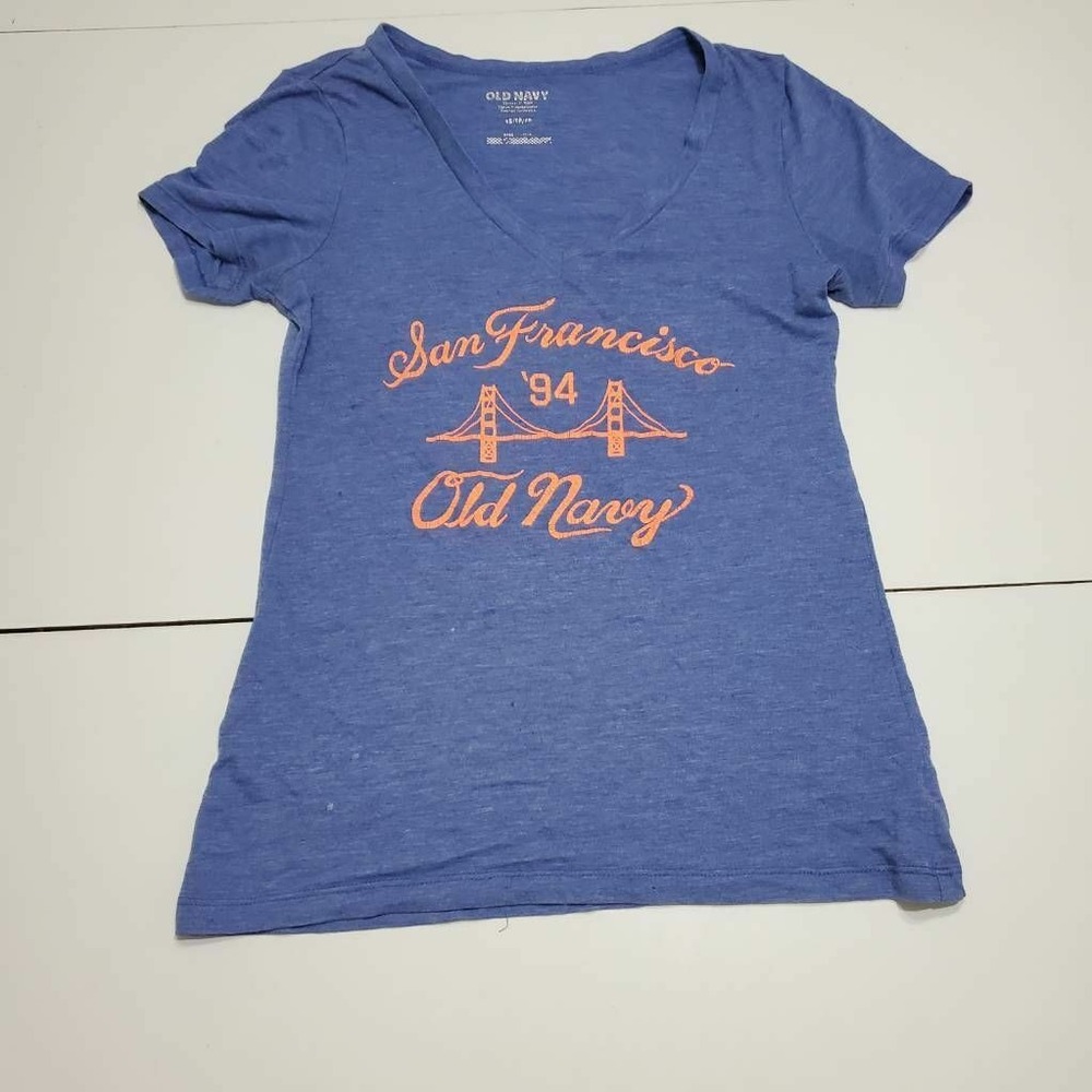 San Francisco 94 Old Navy Womens T-Shirt Blue Heathered Spell Out V Neck XS